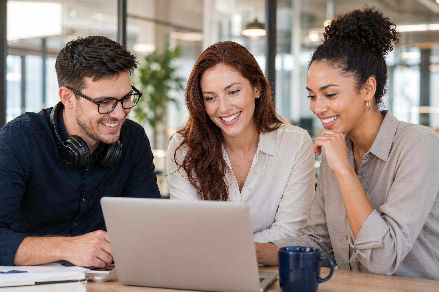 BluebirdsLabs coworkers laughing together during a collaborative work session