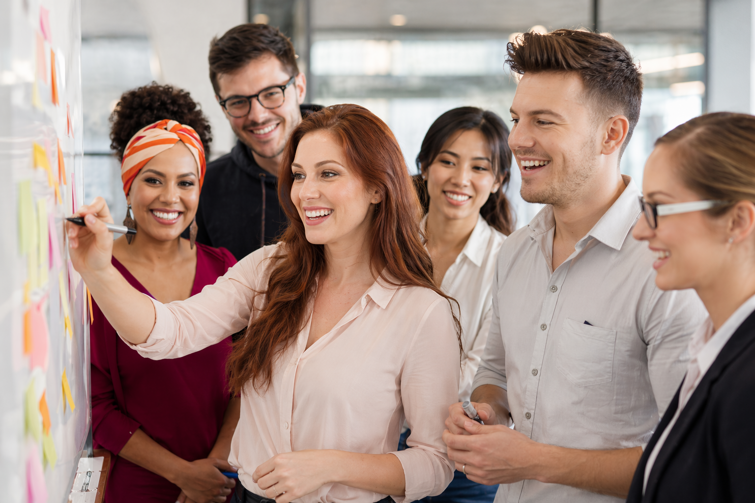 BluebirdsLabs team members brainstorming together at a whiteboard